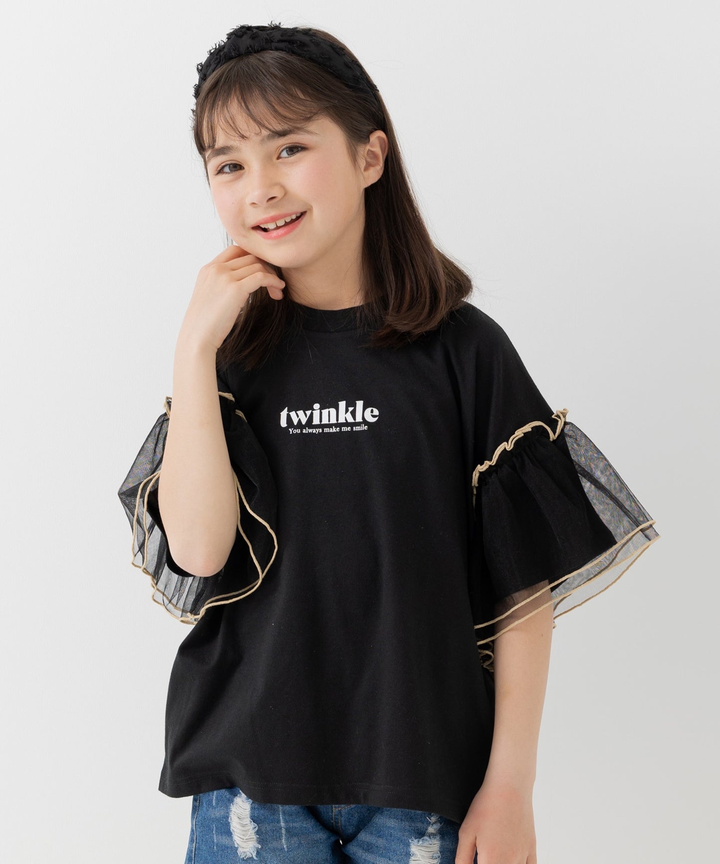 袖チュールフリルTシャツ