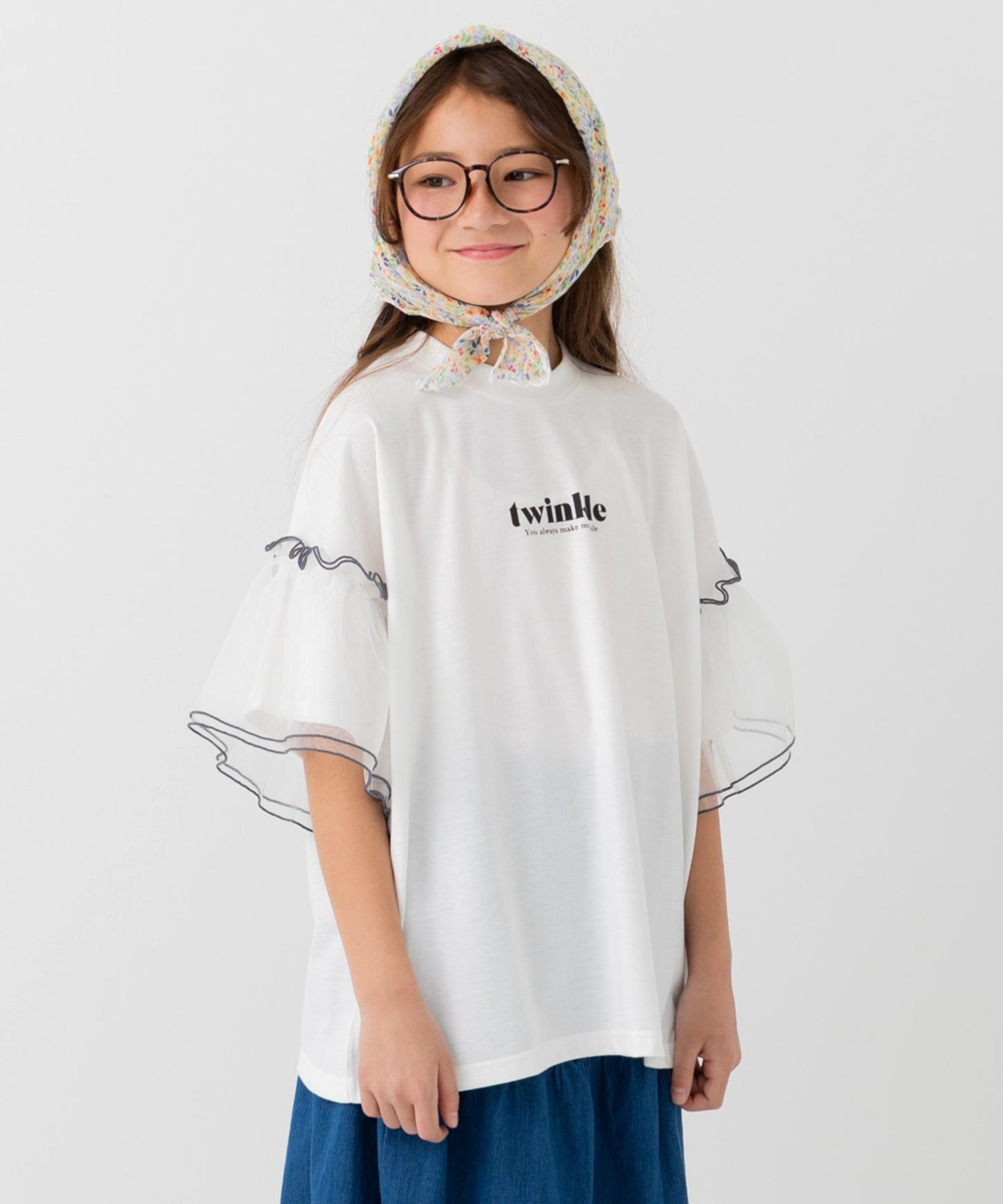袖チュールフリルTシャツ