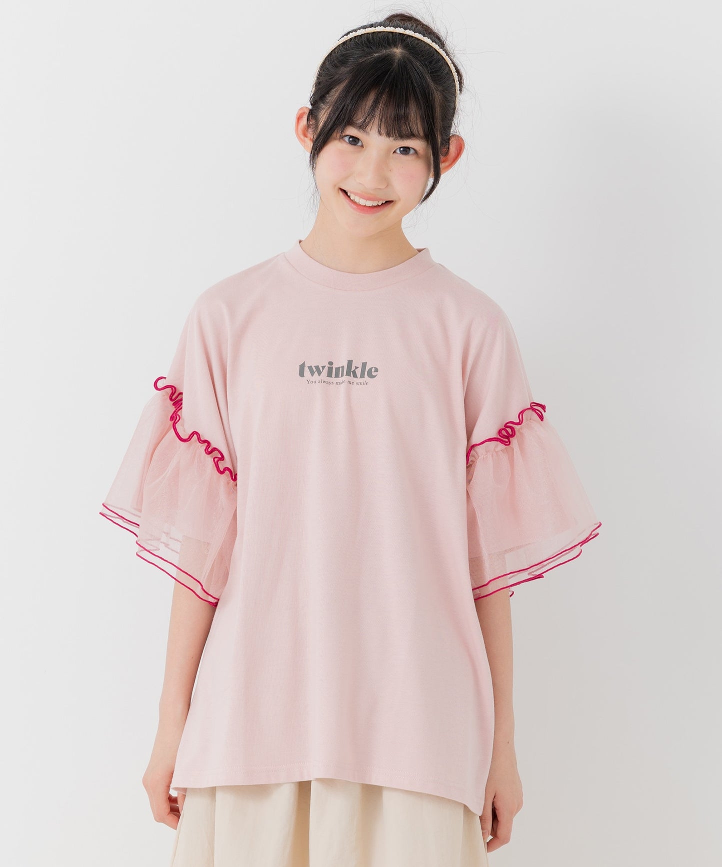 袖チュールフリルTシャツ