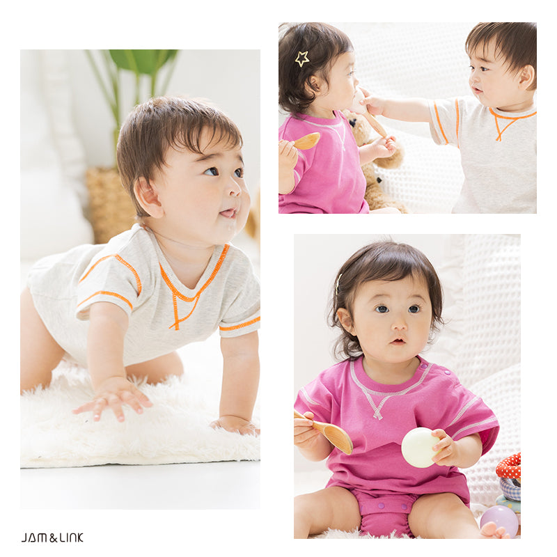 StudiobohemeParis コーデュロイロンパースPink 配色ステッチ 半袖ロンパース – JAM&LINK